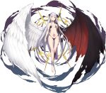  1girl arms_at_sides ass_visible_through_thighs bangs bat_wings breasts chain closed_mouth demon_wings feathered_wings flying heterochromia highleg highres horns lily_(sennen_sensou_aigis) long_hair looking_at_viewer nanahara_fuyuki navel official_art pubic_tattoo red_eyes sennen_sensou_aigis small_breasts solo tattoo transparent_background white_hair wings yellow_eyes 