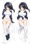  ass_visible_through_thighs black_footwear black_hair blush breast_suppress breasts cameltoe covered_navel dakimakura_(medium) emperor_penguin_(kemono_friends) groin hair_over_one_eye headphones highleg highleg_leotard hood hoodie kemono_friends knee_up large_breasts leotard long_hair looking_at_viewer lying moeanime multiple_views on_back open_mouth taut_leotard thighhighs tsurime turtleneck white_leotard 