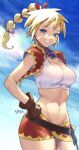  1girl blonde_hair blue_eyes blue_sky breasts brown_gloves chrono_cross cleavage cloud crop_top cropped_shirt gloves groin hand_on_headwear hand_on_own_thigh high_braid highres kid_(chrono_cross) looking_at_viewer medium_breasts murata_tefu navel pink_ribbon ribbon shirt sky smile solo thighs white_shirt 