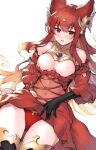  1girl animal_ears anthuria bangs black_gloves black_legwear breasts cleavage cleavage_cutout clothing_cutout covered_navel erune eyebrows_visible_through_hair gloves granblue_fantasy hair_ornament highres koretsuki_azuma long_hair looking_at_viewer medium_breasts panties red_eyes red_hair red_panties simple_background solo thighhighs thighs underwear white_background 