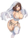  1girl ajidot areolae blue_eyes breasts bridal_lingerie bridal_veil brown_hair choker cleavage elbow_gloves feet_out_of_frame garter_belt garter_straps gloves highres lace lace_choker large_breasts last_origin lingerie mole mole_under_mouth navel short_hair smile talon_feather_(last_origin) underwear veil white_background white_gloves 