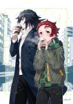  2boys ar_(rikuesuto) bangs black_hair blue_eyes brown_hair checkered_haori closed_mouth clothes coffee_cup cup disposable_cup drinking earrings hair_ornament hood hoodie jacket jewelry kamado_tanjirou kimetsu_no_yaiba long_hair long_sleeves male_focus multicolored_hair multiple_boys open_mouth pants scar scar_on_face scar_on_forehead short_hair simple_background tomioka_giyuu twitter_username 