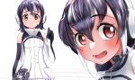  african_penguin_(kemono_friends) akegata_tobari animal_costume black_eyes black_hair gloves highres humboldt_penguin_(kemono_friends) kemono_friends kemono_friends_v_project long_hair looking_at_viewer multicolored_hair multiple_girls open_mouth penguin_costume penguin_tail shirt shoes short_hair simple_background skirt smile tail virtual_youtuber white_background 