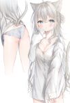  1girl animal_ears bangs blue_eyes blush breasts cat_ears cat_tail collarbone hair_bun long_hair long_sleeves looking_at_viewer no_legwear original panties riri_(ri0177) shirt silver_hair simple_background sleeves_past_wrists tail underwear white_background 