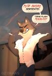  absurd_res angry anthro canid canine canis clothing detailed_background dialogue dreamworks english_text fangs fluffy_chest grey_body gz_draws hi_res humor male mammal mr._wolf_(the_bad_guys) shirt smile smoking solo speech_bubble text the_bad_guys topwear white_clothing white_shirt white_topwear wolf 