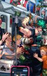 5boys absurdres bakugou_katsuki blonde_hair blood blood_on_clothes blood_on_gloves bodysuit boku_no_hero_academia bus bus_interior cellphone charm_(object) explosive freckles gloves green_bodysuit green_gloves green_hair grenade ground_vehicle highres holding holding_phone injury looking_at_another male_focus mask mask_removed midoriya_izuku motor_vehicle multiple_boys nipple_slip nipples open_mouth phone pointy_ears scallopojisan smartphone spiked_hair torn_clothes twitter_username white_gloves 