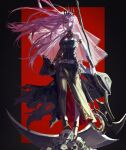 armlet asymmetrical_legwear asymmetrical_sleeves bare_shoulders belt bracer breasts cape cleavage collar detached_sleeves dress high_heels highres hololive hololive_english long_hair looking_at_viewer mori_calliope pink_hair quasarcake red_eyes scythe skull spiked_collar spikes thighhighs tiara veil weapon white_belt 