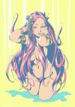  1girl aphrodite_(hades) armlet bracelet breasts closed_mouth gold_bracelet hades_(game) hair_censor highres jewelry kotatsu_(g-rough) long_hair looking_at_viewer medium_breasts navel nude pale_color pink_eyes pink_hair smile solo standing wading yellow_background 