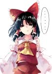  ... 1girl ascot bangs black_hair bow cowboy_shot deetamu detached_sleeves hair_bow hair_tubes hakurei_reimu highres looking_at_viewer nontraditional_miko open_mouth red_bow red_shirt ribbon-trimmed_sleeves ribbon_trim shirt short_hair simple_background solo standing touhou white_background wide_sleeves yellow_ascot 