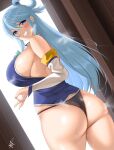  1girl absurdres aqua_(konosuba) ass bangs bare_shoulders blue_eyes blue_hair blush breasts grin highres kisaragi_tsurugi kono_subarashii_sekai_ni_shukufuku_wo! large_breasts long_hair looking_at_viewer looking_back smile solo thighs 