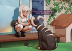  absurd_res ambiguous_gender bottomwear clothed clothing detailed_background duo english_text female feral hair hi_res houndoom human kevab mammal nintendo outside pok&eacute;mon pok&eacute;mon_(species) skirt text video_games white_hair young 