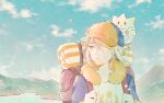  1boy backpack bag bangs blonde_hair blue_jumpsuit brown_bag cherry_blossoms closed_mouth cloud commentary_request day falling_petals grey_eyes hair_over_one_eye hat hill holding_strap jumpsuit lake male_focus outdoors petals pokemon pokemon_(creature) pokemon_(game) pokemon_legends:_arceus ryokuno_green short_hair sky togepi volo_(pokemon) water 
