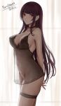  1girl arms_behind_back ass bangs bare_arms bare_shoulders black_choker black_legwear blush breasts choker cleavage closed_mouth commentary commentary_request cowboy_shot eyebrows_visible_through_hair from_side girls&#039;_frontline highres large_breasts long_hair looking_at_viewer looking_to_the_side navel purple_hair red_eyes see-through selcky signature solo thigh_strap thighs wa2000_(girls&#039;_frontline) 