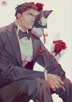  1boy bara bird coat commentary_request formal highres holding jacket long_sleeves male_focus mature_male muscular muscular_male necktie original penguin reisei_zero shirt short_hair solo suit 