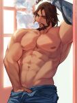  1boy abs bara beard brown_hair cassidy_(overwatch) cigar dark_skin facial_hair highres large_pectorals long_hair looking_at_viewer male_focus mature_male muscular muscular_male navel oricalcon overwatch pectorals smoke solo 