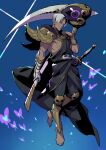  1boy absurdres bangs barefoot belt blue_background bug butterfly dark-skinned_male dark_skin floating gauntlets gorget greek_clothes hades_(game) highres kotatsu_(g-rough) male_focus parted_bangs scythe sheath sheathed silver_hair single_gauntlet skull sword thanatos_(hades) weapon yellow_eyes 