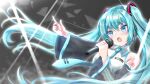  1girl :o arm_tattoo bangs blue_eyes blue_hair blue_nails blue_necktie blurry blurry_background collared_shirt copyright_name detached_sleeves eyebrows_visible_through_hair floating_hair grey_sleeves hair_between_eyes hair_ornament hatsune_miku headphones highres holding holding_microphone long_hair long_sleeves microphone nail_polish necktie open_mouth shiny shiny_hair shirt solairoaoiro solo tattoo twintails upper_body very_long_hair vocaloid white_shirt wide_sleeves wing_collar 