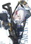  1girl acog assault_rifle blue_eyes dated english_text eyebrows_visible_through_hair glasses gloves gun highres id_card maid maid_headdress original rifle solo trigger_discipline twitter_username utsuda weapon white_background white_hair 