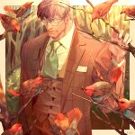  1boy bara bird coat commentary_request formal glasses highres holding jacket long_sleeves male_focus mature_male muscular muscular_male necktie original reisei_zero shirt short_hair solo suit 