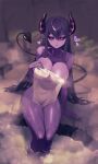  1girl absurdres bangs black_sclera breasts cleavage colored_sclera colored_skin covering demon demon_girl demon_tail hair_between_eyes highres holding holding_towel horns large_breasts long_hair looking_at_viewer nude_cover onsen original pointy_ears purple_eyes purple_hair purple_skin sbgu sitting smile soaking_feet solo steam tail towel water 