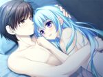  1boy 1girl :d alpha_(yukai_na_nakamatachi) bed_sheet brown_eyes brown_hair closed_mouth collarbone completely_nude couple eye_contact game_cg hand_in_another&#039;s_hair hetero hug long_hair looking_at_another lying navel nude okiba_ga_nai! on_back on_bed on_side pillow purple_eyes seiji_amanogawa shannon_(okiba_ga_nai!) shiny shiny_hair short_hair silver_hair smile straight_hair very_long_hair 