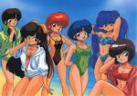  1990s_(style) arm_behind_head arm_up arms_behind_back arms_behind_head arms_up bangs bell bikini blue_bikini blue_eyes blue_hair blunt_bangs bob_cut bow braid braided_ponytail brown_eyes brown_hair casual_one-piece_swimsuit day double_bun eyebrows_visible_through_hair feet_out_of_frame genderswap genderswap_(mtf) green_swimsuit hair_bell hair_bow hair_ornament hair_over_shoulder hand_on_own_chin highres hood hood_down hoodie knee_up kuonji_ukyou long_hair looking_at_viewer nakajima_atsuko navel non-web_source official_art one-piece_swimsuit open_clothes open_hoodie open_mouth outdoors ponytail purple_hair ranma-chan ranma_1/2 red_bikini red_hair retro_artstyle saotome_ranma scan shampoo_(ranma_1/2) short_hair sitting smile standing strapless strapless_bikini swimsuit tendou_akane tendou_kasumi tendou_nabiki very_long_hair yellow_bikini 