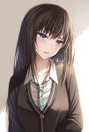  1girl bangs blue_eyes brown_hair cardigan collared_shirt eyebrows_visible_through_hair green_necktie grey_cardigan hair_between_eyes highres idolmaster idolmaster_cinderella_girls jewelry kanpyou_(hghgkenfany) long_hair necklace necktie open_mouth school_uniform shibuya_rin shirt solo straight_hair striped_necktie upper_body white_shirt wing_collar 