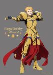  1boy absurdres armor armored_boots artist_request blonde_hair boots commentary_request copyright earrings fate/extella fate/extra fate_(series) full_body gilgamesh_(fate) gold_armor grey_background happy_birthday highres jewelry male_focus microphone official_art open_mouth red_eyes shoulder_armor smile solo star_(symbol) 