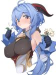  1girl blue_hair blush breasts commentary_request eating eyebrows_visible_through_hair eyelashes eyes_visible_through_hair flower ganyu_(genshin_impact) genshin_impact gloves hair_between_eyes highres horns large_breasts long_hair looking_at_viewer mikozin red_eyes solo solo_focus 