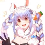  :3 animal_ear_fluff animal_ears artist_name bangs bare_shoulders black_gloves black_leotard blue_hair blush braid breasts carrot carrot_hair_ornament cleavage detached_sleeves eyebrows_visible_through_hair food-themed_hair_ornament gloves haga hair_between_eyes hair_ornament hair_over_eyes heart highres hololive leotard leotard_under_clothes long_hair looking_at_viewer medium_breasts multicolored_hair open_mouth orange_eyes rabbit_ears rabbit_girl short_eyebrows sidelocks simple_background single_glove smile solo strapless strapless_leotard thick_eyebrows twin_braids twitter_username two-tone_hair usada_pekora v virtual_youtuber white_background white_hair white_sleeves 