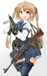  1girl absurdres assault_rifle black_vest blonde_hair blue_bow blue_legwear blue_skirt bow bowtie brown_eyes cz-75 gloves green_gloves gun handgun highres lace-trimmed_legwear lace_trim long_hair long_sleeves looking_at_viewer mikeran_(mikelan) military original plaid plaid_skirt rifle shirt skirt smile thighhighs twintails vest weapon weapon_request white_background white_shirt zettai_ryouiki 