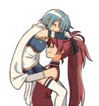  2girls black_bow blue_hair blush bow breasts cape carrying closed_eyes fuyuneko long_hair mahou_shoujo_madoka_magica medium_breasts miki_sayaka multiple_girls red_hair sakura_kyouko short_hair smile thighhighs thighs upper_body very_long_hair white_background white_cape white_legwear yuri zettai_ryouiki 