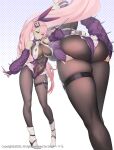  1girl ass bodysuit boots closed_mouth full_body hair_ornament high_heels highres long_hair looking_at_viewer multiple_views original pink_hair ponytail smile standing suerte thigh_strap thighs white_footwear 