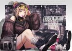  1girl absurdres black_footwear boombox brown_sleeves brown_sweater bubble_blowing can chewing_gum detached_sleeves double_bun english_text eyebrows_visible_through_hair eyewear_on_head girls&#039;_frontline highres light_brown_hair long_sleeves loose_socks morse_code p90_(girls&#039;_frontline) radio red_eyes shoes sister_is_mine9 sitting sneakers solo speaker stereo sunglasses sweater tinted_eyewear white_legwear yellow-tinted_eyewear 