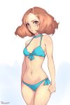  1girl bikini blue_bikini blush breasts brown_eyes brown_hair clenched_hand closed_mouth cowboy_shot embarrassed highres looking_at_viewer medium_breasts navel okumura_haru persona persona_5 phrecklesart short_hair solo sparkle standing swimsuit 