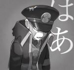  1boy ake_(limited_timeac) bags_under_eyes coat commentary_request facial_hair goatee greyscale hat high_collar highres ingo_(pokemon) male_focus monochrome overcoat peaked_cap pearl_clan_outfit pokemon pokemon_(game) pokemon_legends:_arceus sideburns sigh slouching solo upper_body 