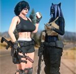  3d_(artwork) abs ak15 ak400 anthro assault_rifle beverage_can black_body black_fur blue_hair canid canine canis clothing digital_media_(artwork) duo eye_patch eyewear fan_character female female/female field forest forest_background fur gloves gun hair handwear hi_res human jacky_(ludexus) knee_pads lexas_(ludexus) long_hair ludexus mammal military_clothing mk18 muscular muscular_anthro muscular_female nature nature_background plant ranged_weapon rifle source_filmmaker sportswear tree weapon white_body white_skin wolf yellow_eyes 