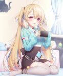  1girl ahoge avatar_2.0_project bangs blonde_hair curtains dress eyebrows_visible_through_hair handheld_game_console hands_up holding holding_handheld_game_console long_hair looking_at_viewer minase_shia nintendo_switch open_mouth red_eyes sitting smile solo thighhighs twintails wariza zky_(oekaky) 