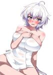  1girl ahoge aoi_manabu arm_support bangs blush breasts grey_eyes highres huge_breasts long_hair looking_at_viewer naked_towel parted_lips senki_zesshou_symphogear sitting solo steam towel wet white_hair yukine_chris 