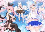  3girls :d animal_ears bangs bare_arms bare_shoulders black_bow black_dress black_legwear black_skirt blue_eyes blue_hair blue_skirt blue_sky blush bow breasts cacao_(uchi_no_pet_jijou) cat_ears cleavage cloud commentary_request day dress eyebrows_visible_through_hair fang feathered_wings flower green_eyes hair_between_eyes hair_ornament hairclip hand_on_hip index_finger_raised large_breasts lily_(uchi_no_pet_jijou) long_hair midriff_peek mint_(uchi_no_pet_jijou) multiple_girls navel official_art outdoors outstretched_arm outstretched_arms pink_flower pink_hair pleated_skirt polka_dot polka_dot_bow shirt skirt sky smile spread_arms star_(symbol) star_in_eye striped striped_skirt symbol_in_eye thighhighs tree twintails twitter_username uchi_no_pet_jijou vertical-striped_skirt vertical_stripes very_long_hair white_hair white_legwear white_shirt white_wings wings yano_mitsuki 