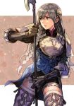  1girl armor bangs black_shorts blue_dress braid breastplate cowboy_shot dress elbow_gloves gloves grey_eyes grey_hair holding holding_polearm holding_weapon hungry_clicker long_hair looking_to_the_side pauldrons polearm ravness_loxaerion shorts shoulder_armor solo tactics_ogre thighhighs weapon 