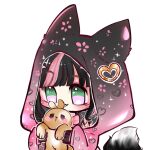  1girl :3 :d animal_ears asaki_amber bangs black_hair blunt_bangs bunny chibi dollihime english_commentary eyebrows_visible_through_hair fox_ears fox_girl fox_tail green_eyes heart holding hood hood_up hoodie indie_virtual_youtuber long_sleeves looking_at_another multicolored_eyes multicolored_hair open_mouth parted_lips pink_eyes pink_hair pink_hoodie pink_sleeves simple_background sleeves_past_wrists smile solo sparkle sparkling_eyes tail third-party_source two-tone_hair upper_body virtual_youtuber whiskers 