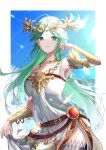  1girl armlet bangs bare_shoulders belt blurry blurry_background border breasts chain colosseum commentary_request cowboy_shot dress forehead forehead_jewel gauntlets goddess gold_choker green_eyes green_hair hair_ornament highres jewelry kid_icarus large_breasts laurel_crown lifted_by_self long_dress long_hair looking_at_viewer neck_ring necklace outdoors palutena parted_bangs parted_lips pendant side_slit signature single_thighhigh solo sparkle strapless strapless_dress super_smash_bros. thighhighs vambraces white_border white_dress white_legwear yu_sanawitch 