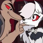  anthro anthrofurry bodily_fluids boss canid canid_demon canine canis clothed clothing demon duo fanart_helluva_boss female hellhound helluva helluva_boss hi_res hotel_hazbin immediate killing loona_(helluva_boss) male mammal piercing shady_girl wolf 