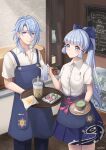  1boy 1girl apron blue_eyes blue_hair blush bow brother_and_sister bubble_tea cafe collared_shirt dango drink drinking_straw flower_pot food genshin_impact hair_bow highres kamisato_ayaka kamisato_ayato looking_at_viewer mole mole_under_eye mole_under_mouth plate ponytail restaurant shelf shirt short_sleeves siblings sidelocks skirt tank_ryousaku tea_set wagashi 