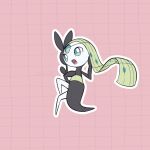 bright_pupils commentary full_body green_eyes grid_background kelvin-trainerk meloetta no_humans open_mouth outline pink_background pokemon pokemon_(creature) solo tongue twitter_username watermark white_pupils 
