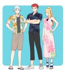  1girl 2boys alternate_costume alternate_hairstyle bangs black_pants blonde_hair blue_background blue_eyes border closed_mouth collared_shirt commentary_request crossed_arms cynthia_(pokemon) dress floral_print full_body grey_hair hands_on_hips jewelry knees lance_(pokemon) long_hair multiple_boys open_clothes open_shirt outside_border pants pink_dress pokemon pokemon_(game) pokemon_dppt pokemon_hgss pokemon_oras ponytail red_hair ring sandals shirt shoes short_hair short_sleeves shorts smile spiked_hair standing steven_stone toes undershirt white_border y_(036_yng) 