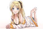  1girl :d ahoge bikini bikini_top_only blonde_hair blue_eyes blue_shorts blush bra breasts cleavage feet_together feet_up hachimiya_meguru idolmaster idolmaster_shiny_colors jacket jacket_partially_removed looking_at_viewer lying medium_breasts nannacy7 on_stomach orange_bra ponytail shorts simple_background smile solo strap_slip swimsuit underwear white_background 