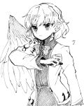  1girl arm_up arrow_(symbol) bangs bow bowtie braid closed_mouth collared_dress commentary_request dress eyebrows_visible_through_hair gem greyscale hair_between_eyes hand_up itomugi-kun jacket jewelry kishin_sagume long_sleeves looking_to_the_side monochrome open_clothes open_jacket short_hair simple_background single_wing solo standing touhou white_background wings 