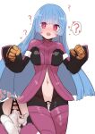  1girl bangs bar_censor blue_hair blush bodysuit breasts censored confused cropped_jacket cum highres kula_diamond medium_breasts pussy red_eyes sumiyao_(amam) sweat the_king_of_fighters 